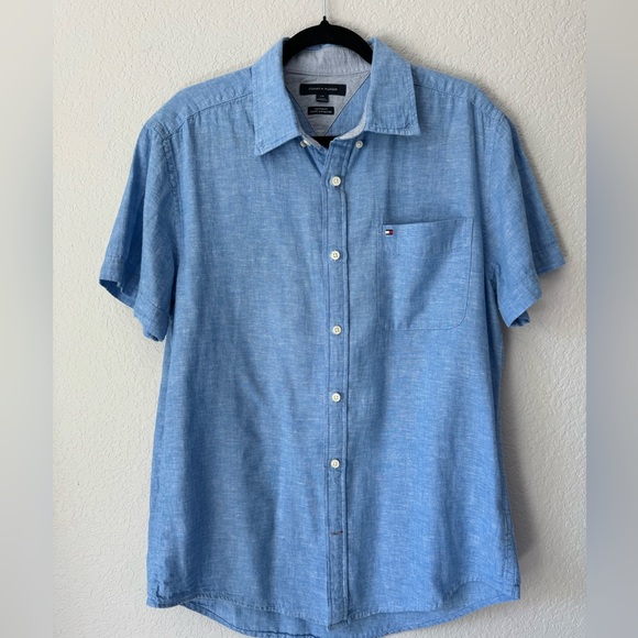 Tommy Hilfiger Blue Short Sleeve Button Down Linen Cotton Blend Men's Size Large - Picture 2 of 10